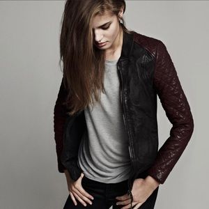 All Saints Leather Bomber Jacket With Quilted Sleeves